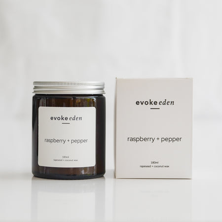 Raspberry, Pepper, Scented Candle, Coconut Wax, Rapeseed Wax, Eco friendly candle, clean burning, vegan friendly, reusable jar, cotton bag, sustainable packaging, plastic free, gift ideas