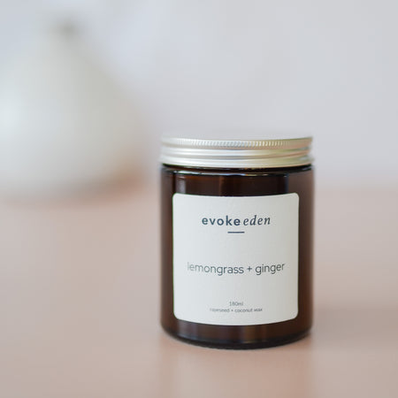 Lemongrass, ginger, Scented Candle, Coconut Wax, Rapeseed Wax, Eco friendly candle, clean burning, vegan friendly, reusable jar, cotton bag, sustainable packaging, plastic free, gift ideas