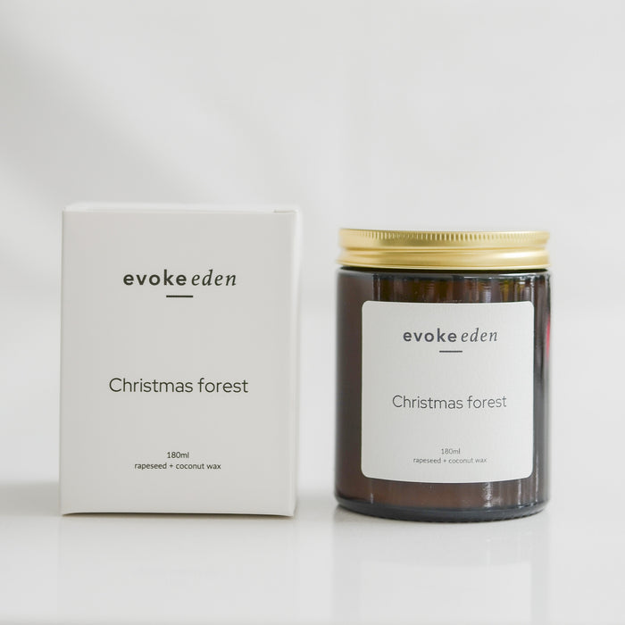 Christmas, forest, pine, eucalyptus, Scented Candle, Coconut Wax, Rapeseed Wax, Eco friendly candle, clean burning, vegan friendly, reusable jar, cotton bag, sustainable packaging, plastic free, gift idea