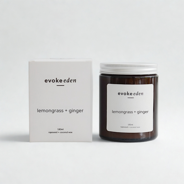 eco-friendly lemongrass + ginger rapeseed and coconut wax candle in amber glass jar