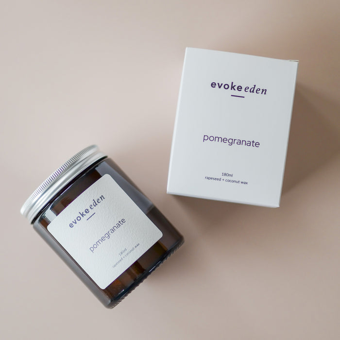 Pomegranate natural wax candle in amber jar - fruity hand-poured vegan friendly candle UK