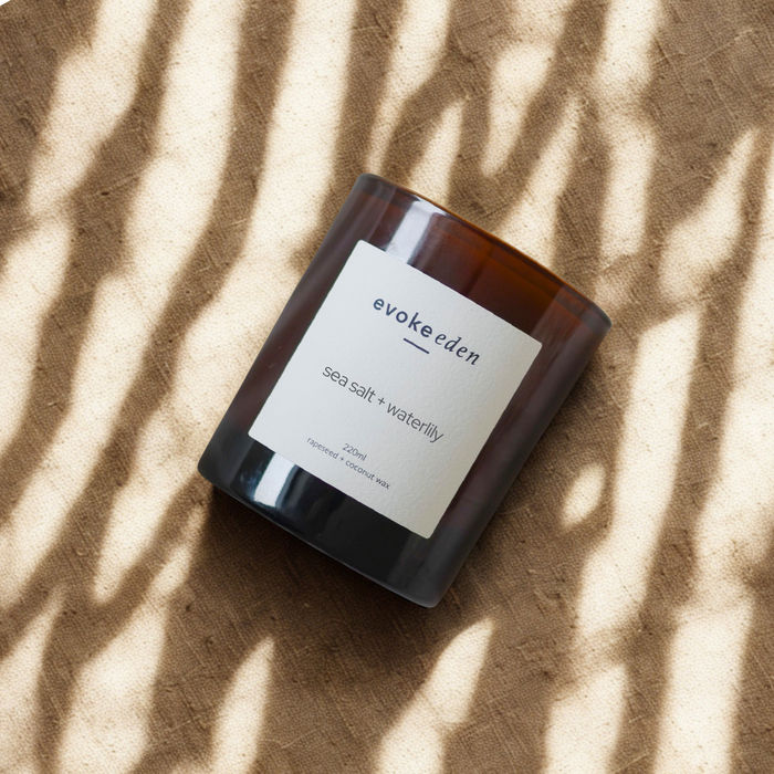 Sea Salt + Waterlily, Coastal Candle, Scented Candle, Coconut Wax, Rapeseed Wax, Eco friendly candle, clean burning, vegan friendly, reusable jar, cotton bag, sustainable packaging, plastic free, gift idea