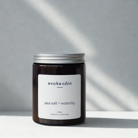 eco-friendly sea salt and waterlily rapeseed and coconut wax candle in amber glass jar