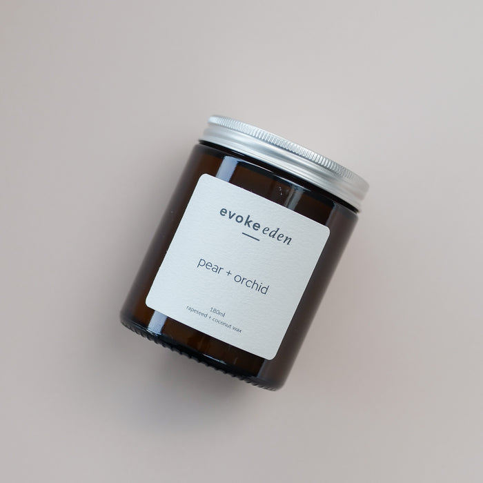 Pear, Orchid, Scented Candle, Coconut Wax, Rapeseed Wax, Eco friendly candle, clean burning, vegan friendly, reusable jar, cotton bag, sustainable packaging, plastic free, gift idea