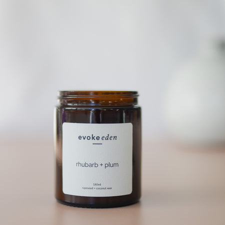 Rhubarb, plum, Scented Candle, Coconut Wax, Rapeseed Wax, Eco friendly candle, clean burning, vegan friendly, reusable jar, cotton bag, sustainable packaging, plastic free, gift ideas