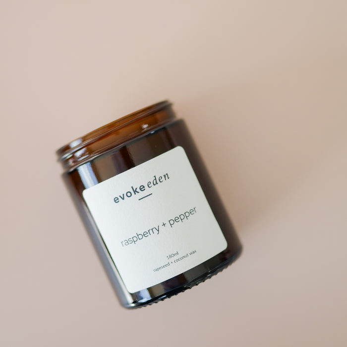 Raspberry, Pepper, Scented Candle, Coconut Wax, Rapeseed Wax, Eco friendly candle, clean burning, vegan friendly, reusable jar, cotton bag, sustainable packaging, plastic free, gift ideas