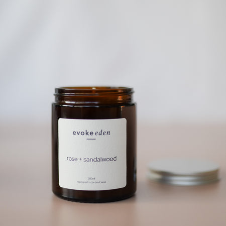Rose, Sandalwood, Scented Candle, Coconut Wax, Rapeseed Wax, Eco friendly candle, clean burning, vegan friendly, reusable jar, cotton bag, sustainable packaging, plastic free, gift ideas