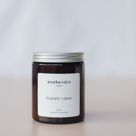 Rhubarb, plum, Scented Candle, Coconut Wax, Rapeseed Wax, Eco friendly candle, clean burning, vegan friendly, reusable jar, cotton bag, sustainable packaging, plastic free, gift ideas